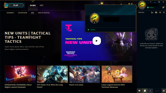 Schermata dell'app client di League of Legends che mostra il nome del giocatore