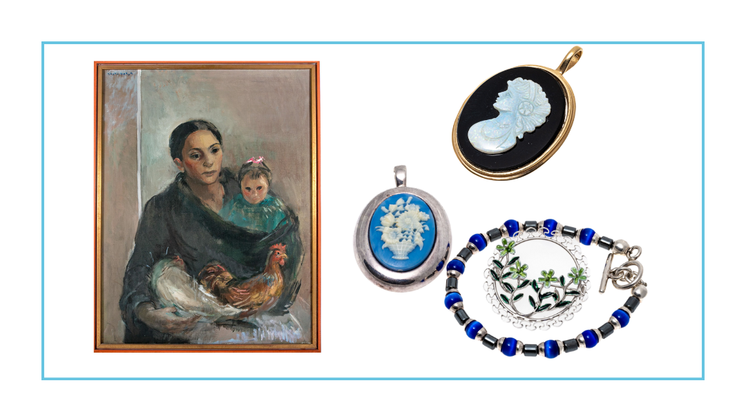 Sarah Marimda Baker (American [TN] b. 1899) Oil on Canvas, Mother and Child, sterling Floral Brooches and Beaded Bracelet, 14K Yellow Handsome Black Onyx Left Facing Cameo Pendant