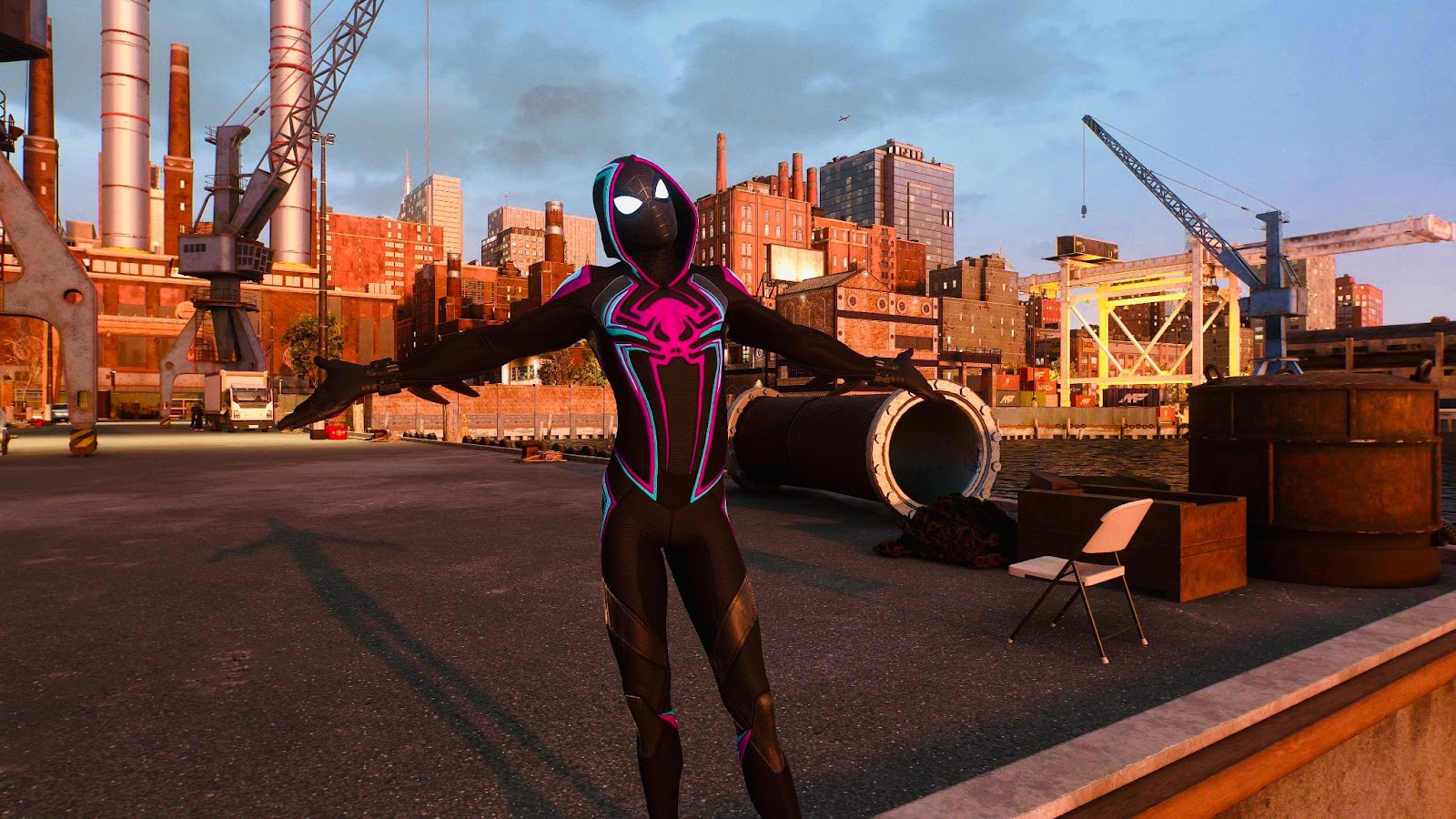 An in game screenshot of Miles in the  Miles Morales 2099 suit from Marvel's Spider-Man 2