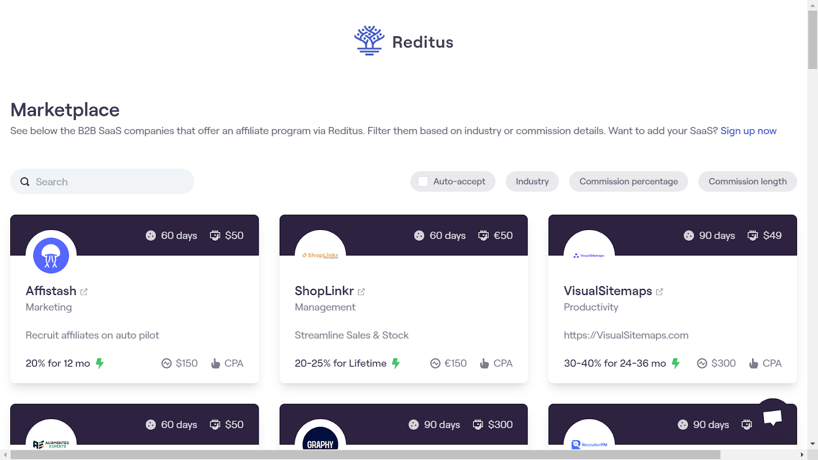 A screenshot from the Reditus Marketplace built exclusively for SaaS affiliate programs.