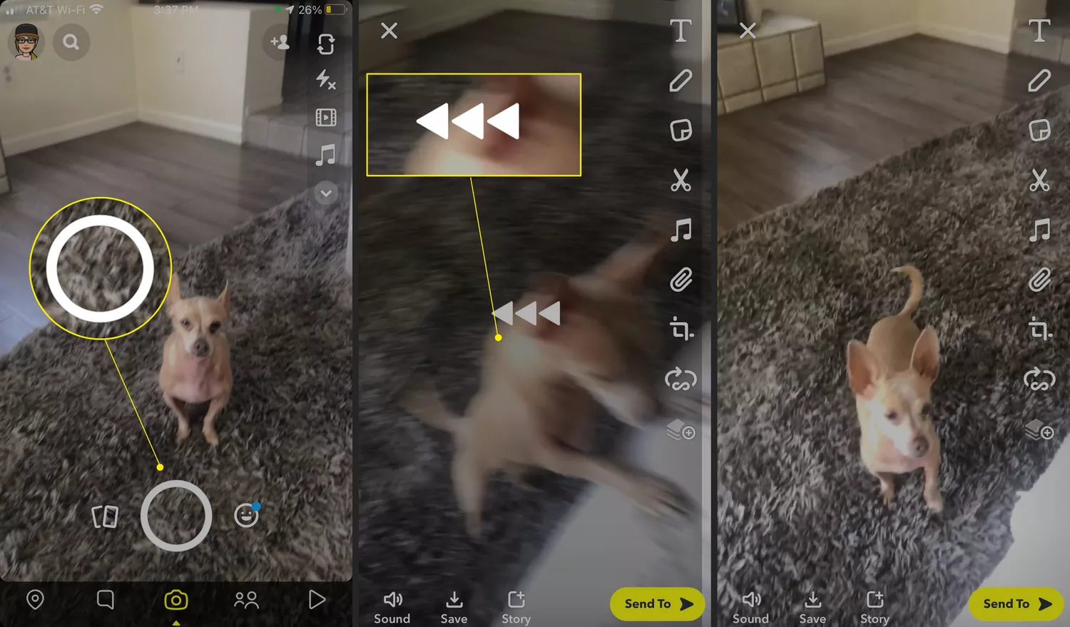 Alt=Snapchat screenshots demonstrating how to reverse a video