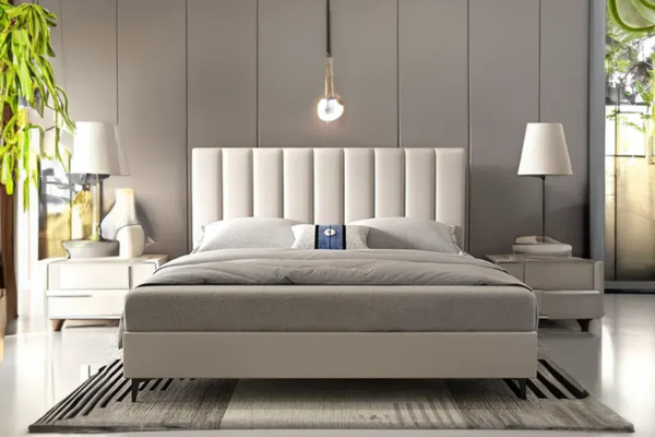 Solid wood queen bedframe upholstered in high-density sponge and leatherette, featuring headboard and steel legs