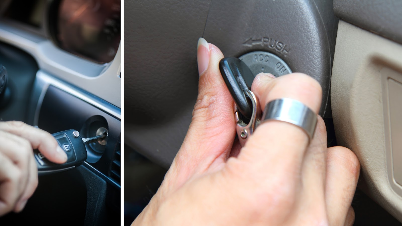 A driver inserting a key into the car ignition cylinder