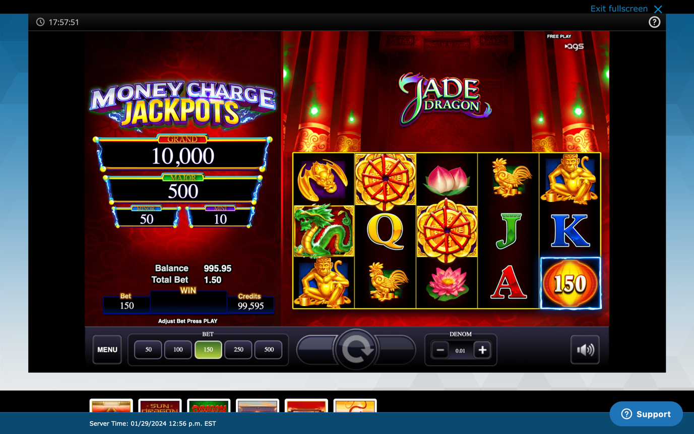 A screen shot of a resorts casino online year of the dragon slot game ,Jade dragon slot with a dragon red background and symbols of cockerels, monkeys and traditional Chinese weapons.