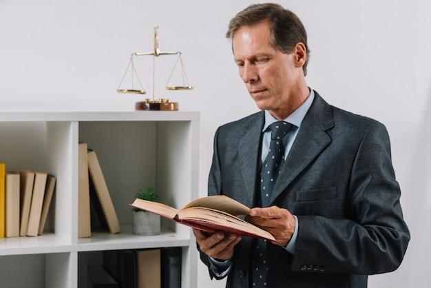 Mature male reading legal book in the courtroom