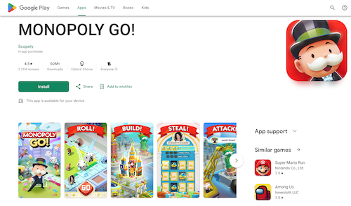 Screenshots of Monopoly Go in the Google Play store, 