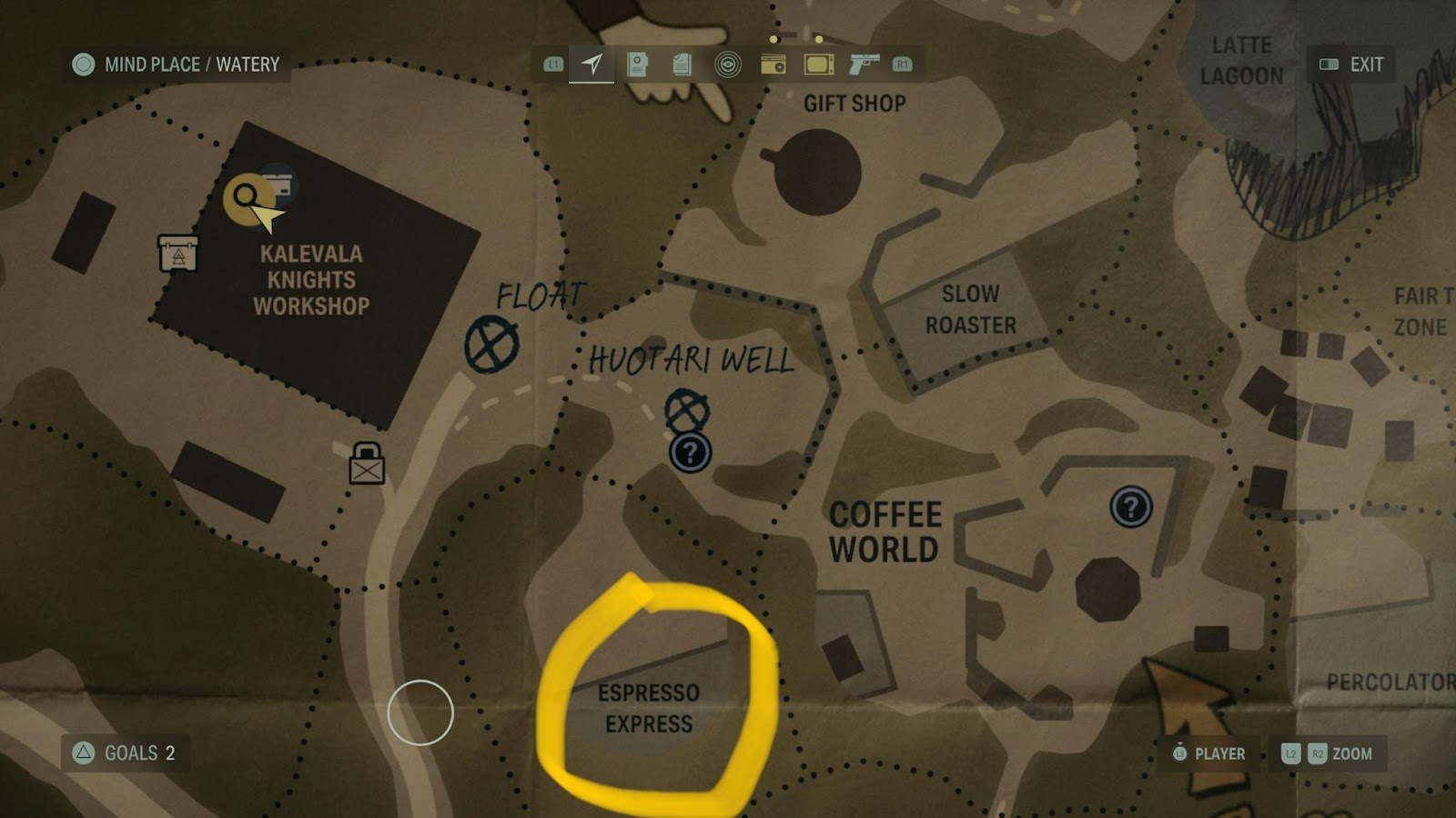 An in game screenshot of the Coffee World map from Alan Wake II. 