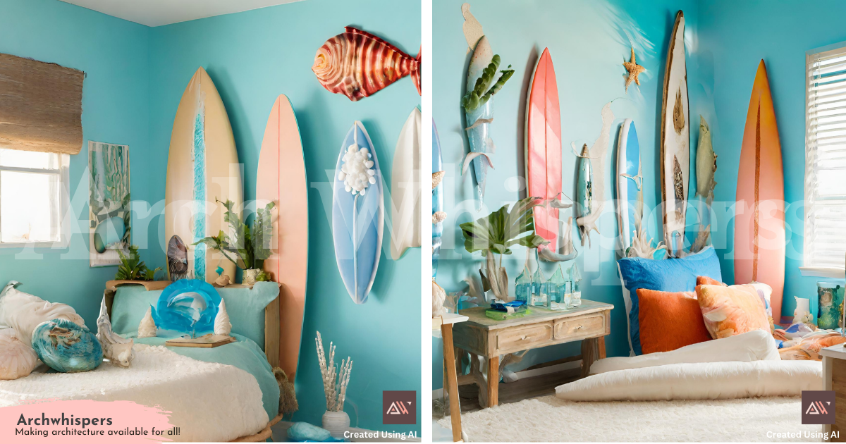 A Collage of a Bedroom With Surfboards and a Marine-Theme Accessories