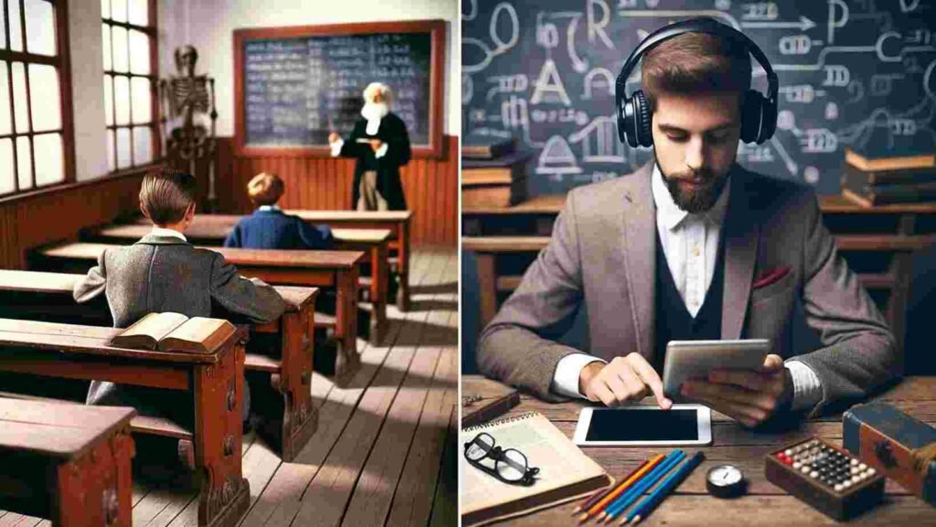 The evolution of study environments, from a vintage classroom to a modern setup.