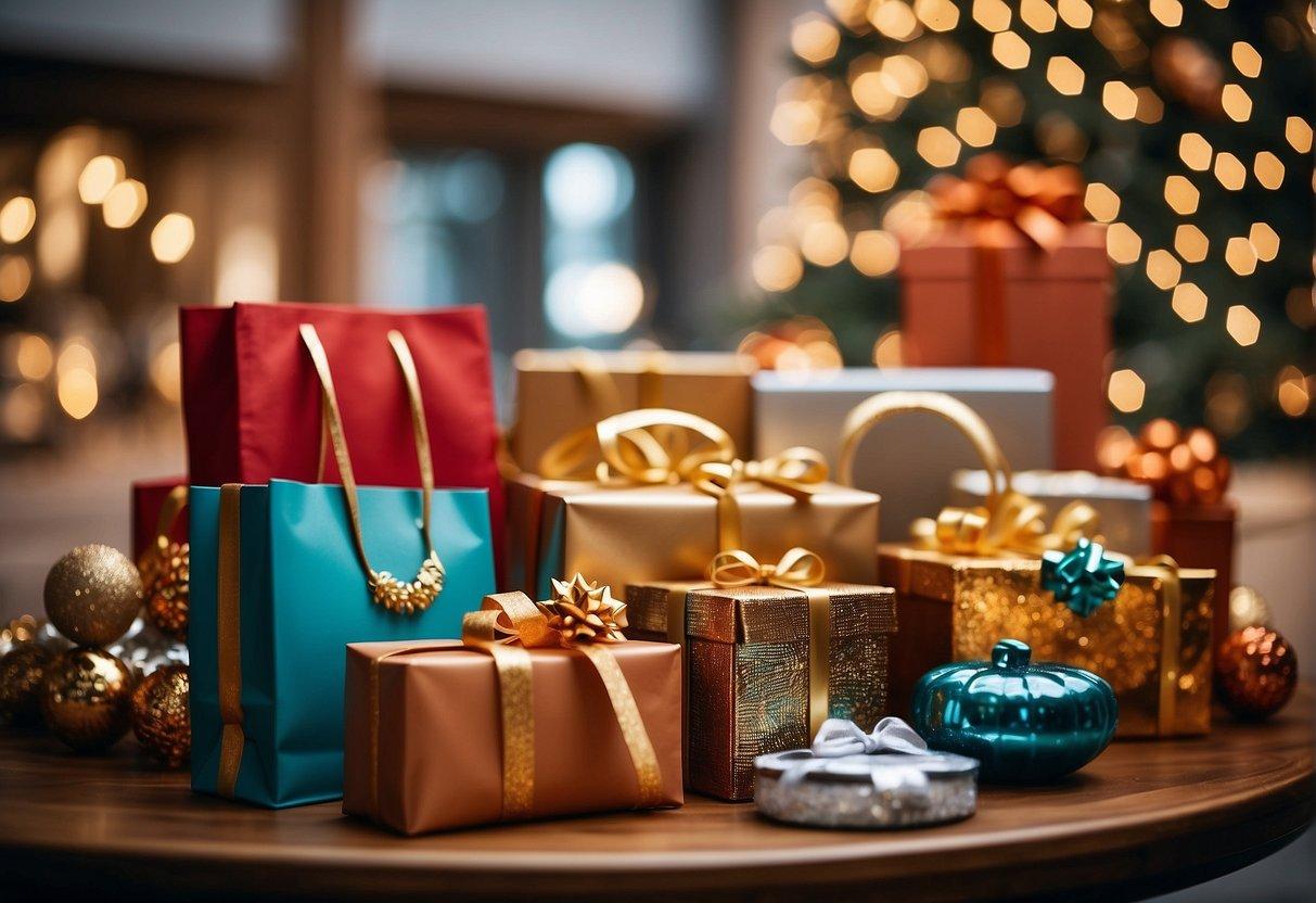 A festive shopping scene with a budget planner, gift bags, and holiday decorations