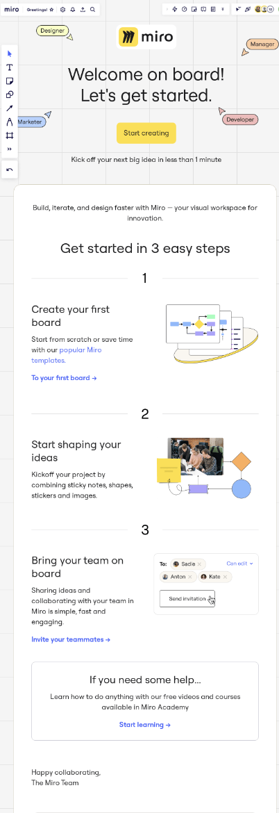 Miro welcome email screenshot for example