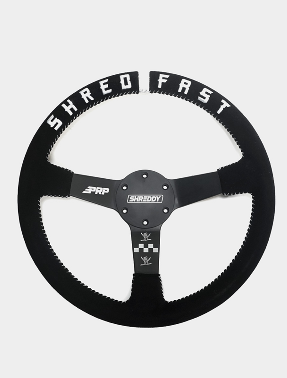 A Can-Am Maverick X3 Max Shred Fast Steering Wheel by PRP Seats, bearing the words "Shred Fast" on to the top of the steering wheel and the "Shreddy" logo on the center cap, uninstalled and against a blank background.