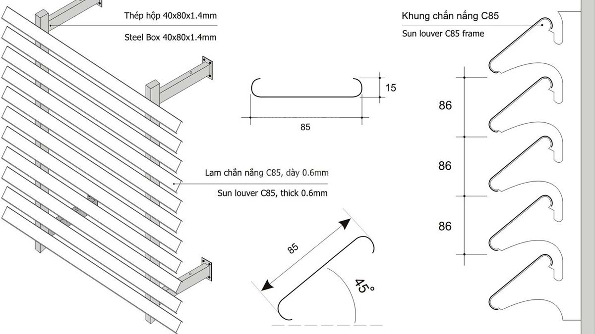 Bản vẽ lam nhôm chắn nắng 