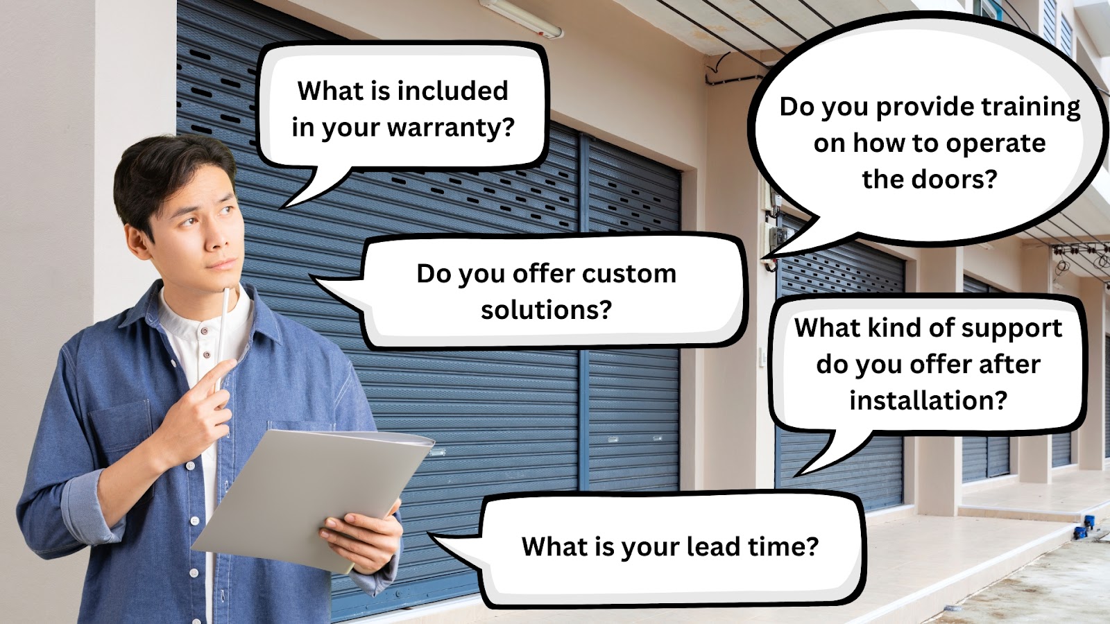 A man thinking of questions to ask a roller door supplier