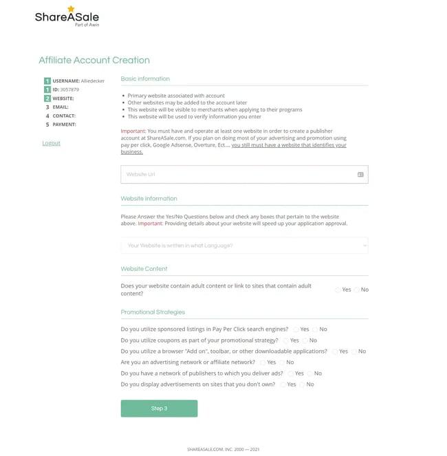 shareasale: step shows the account creation process. 