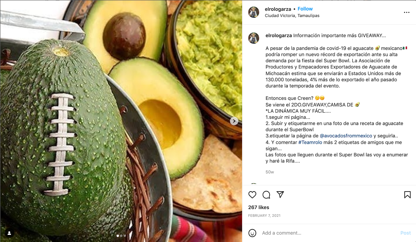 Screenshot of Instagram post featuring an avocado with stitching like a football next to a bowl of guacamole 