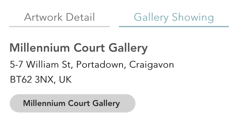 a screenshot of the Gallery Showing tab on a painting page, with the gallery name, address, and website link button
