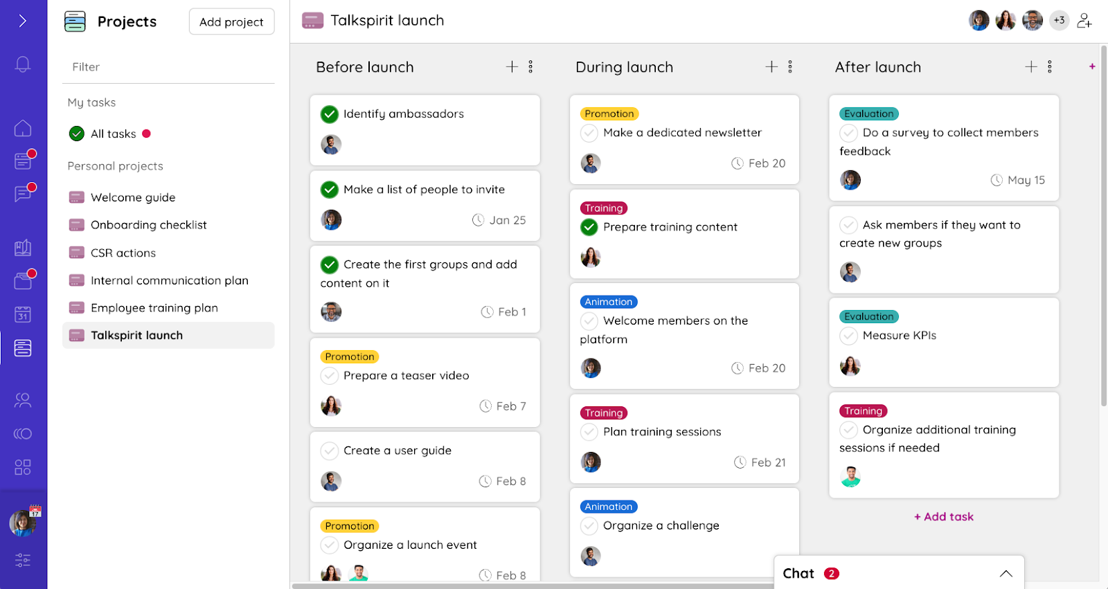 Create a kanban board on the Talkspirit Projects module in order to plan your change management initiatives