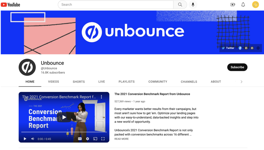 Kênh YouTube của Unbounce có đoạn giới thiệu kênh xuất hiện riêng cho những người chưa đăng ký kênh.