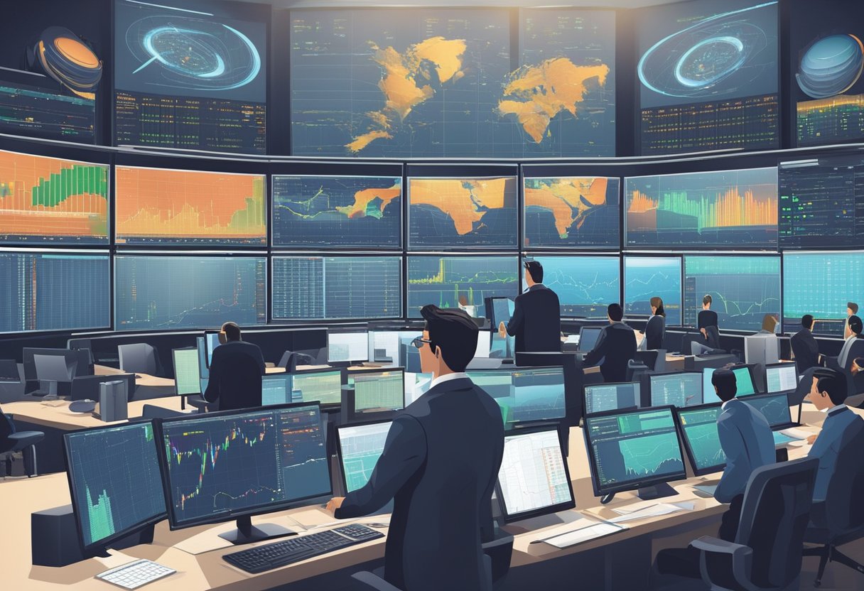 The trading day begins with a flurry of questions, as day traders navigate the fast-paced world of stock trading. Multiple screens display market data, while charts and graphs cover the desk