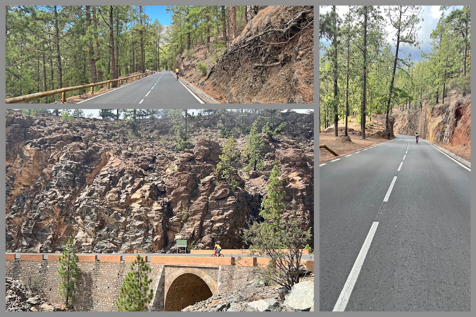 photo collage shows two-lane highway roadway passing through alpine setting, craggy rocks