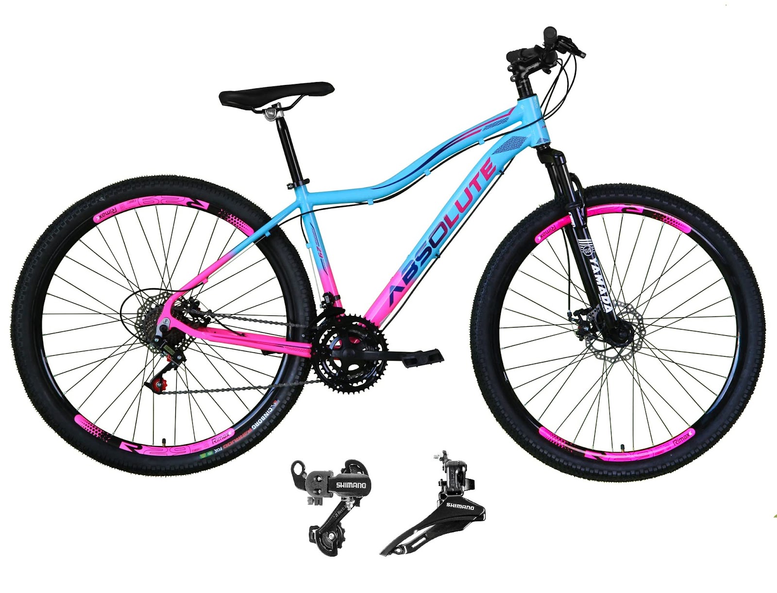 Bicicleta aro 29 Absolute Hera Feminina Alumínio 21 Marchas Câmbios Shimano Freio a Disco 17 Azul/Rosa