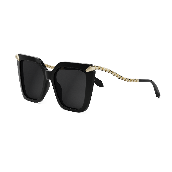 A black sunglasses with gold trim

Description automatically generated