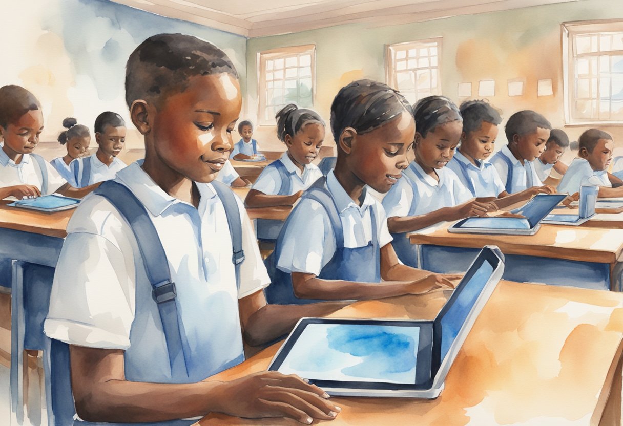 Students in a classroom in South Africa interact with AI technology, using tablets and computers for learning and engagement