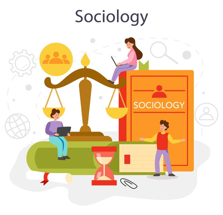 Illustration of students studying sociology, capturing social interactions.