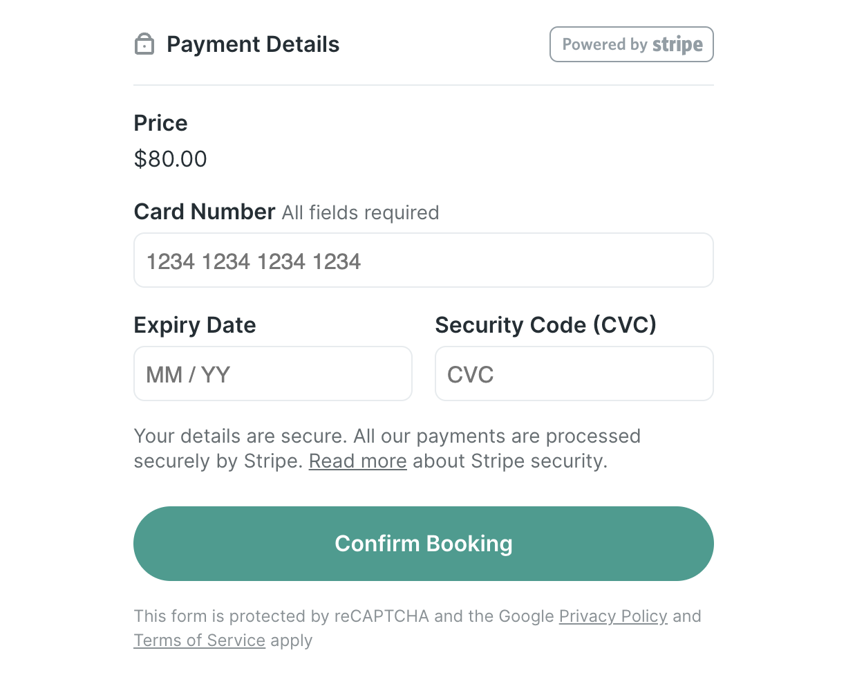 Example of taking payments directly from booking page