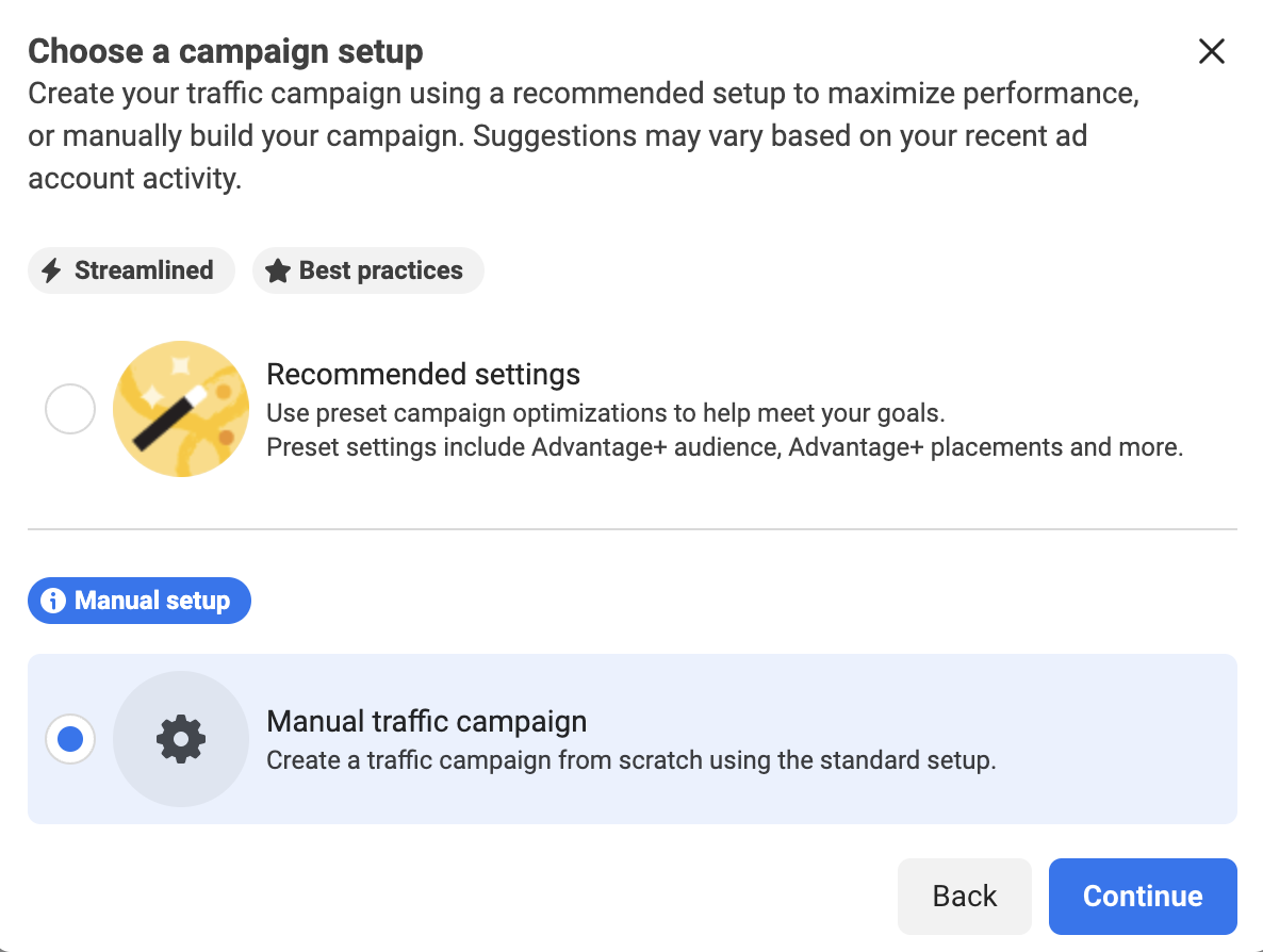 choose a campaign setup screen in ads manager