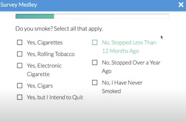 A sample survey question from Survey Junkie offering multiple choice answers to the question "Do you smoke?"