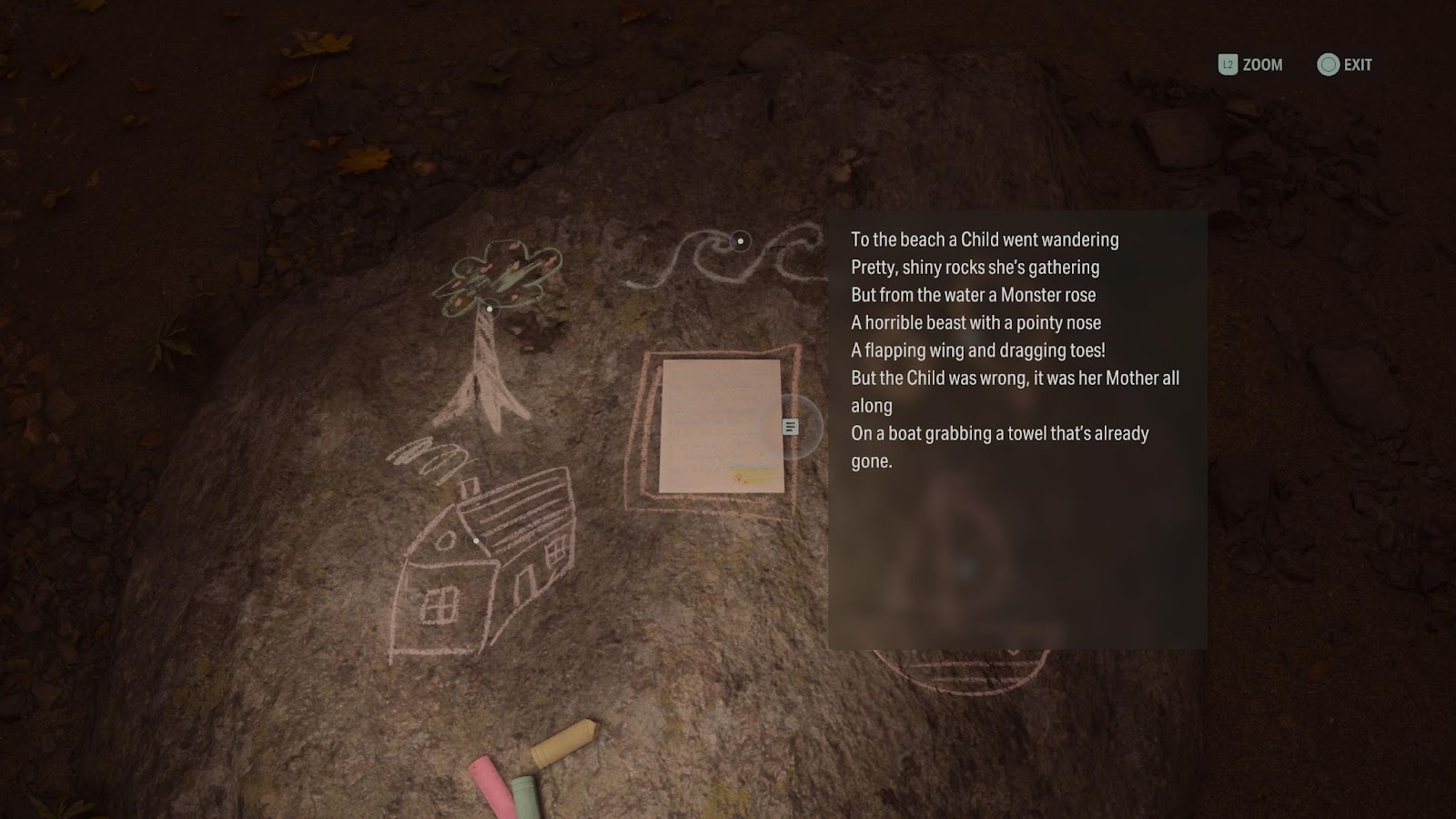 An in game screenshot of the Bunker Woods beach nursery rhyme from Alan Wake 2. 