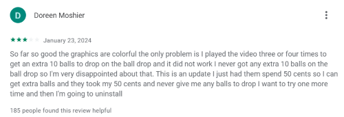 A 3-star Bingo King review from a player who likes the game but was disappointed when a bonus ball drop they paid 50 cents for didn't work. 