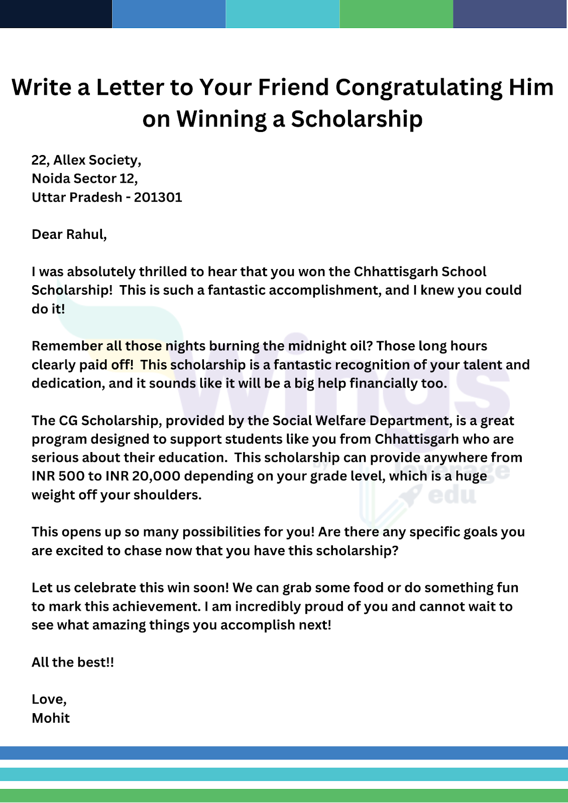 Write a Letter to Your Friend Congratulating Him on Winning a Scholarship