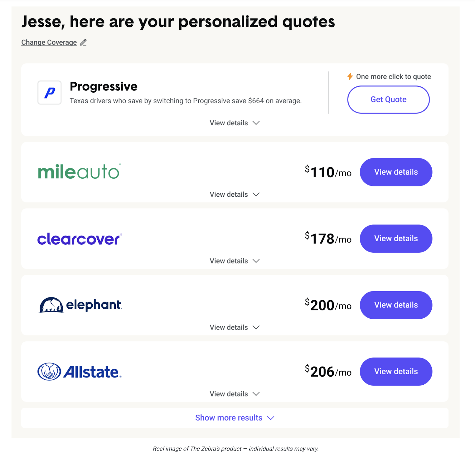 Screenshot of personalized quotes from The Zebra