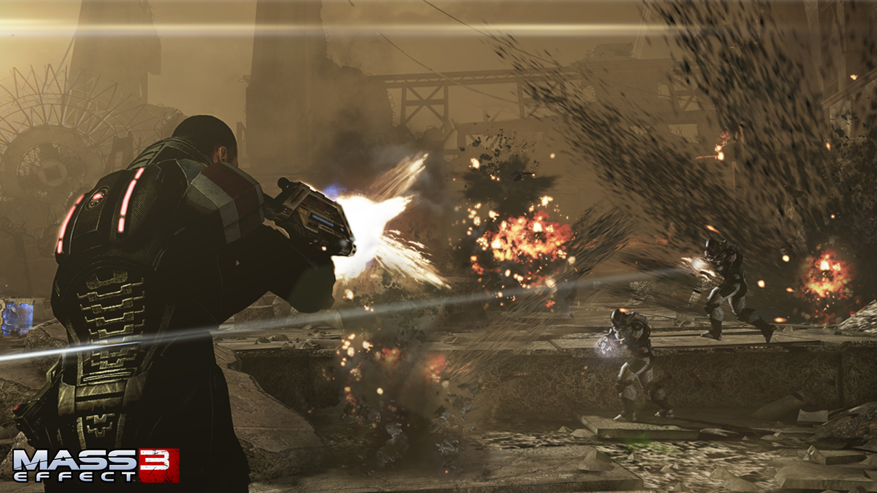 An in game screenshot of Commander Shepard in a firefight from Mass Effect 3.