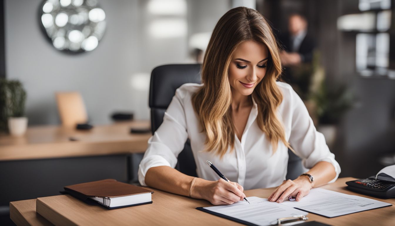 A person signing car insurance paperwork in an office setting.