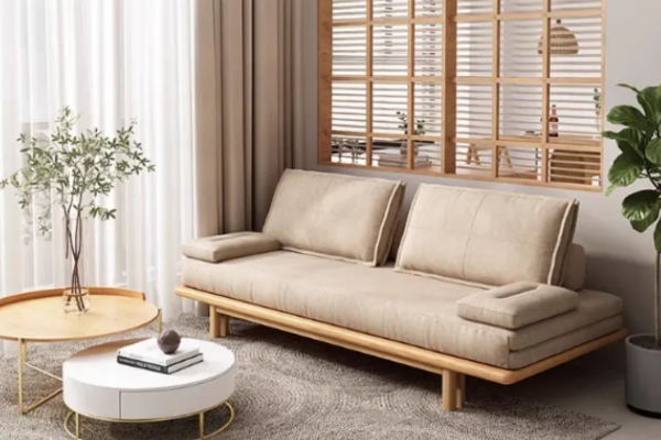 Pull-out sofa bed with two tones colour, pull-out wood bed underneath and backrest