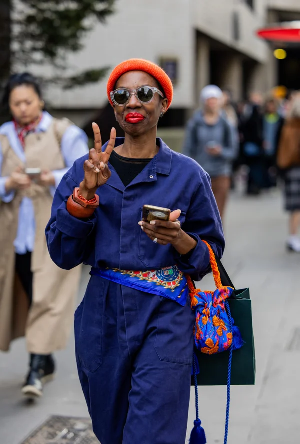 London Fashion Week AW24:  Picture showing a gorgeous Grandma looking good in blue jumper