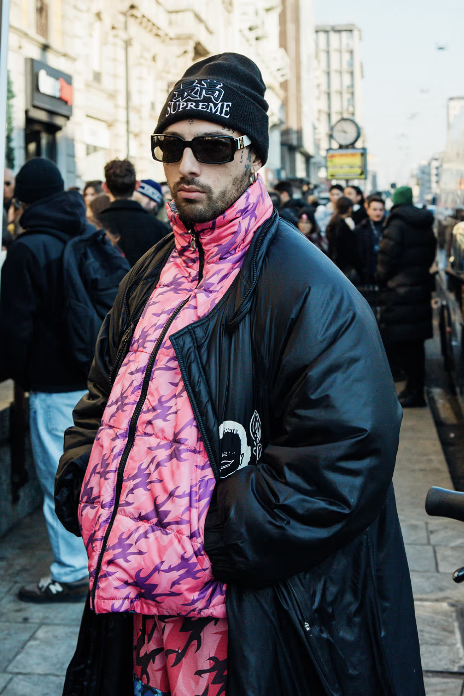 Picture showing  an attendee dressed in a bomber jacket for the fashion show 