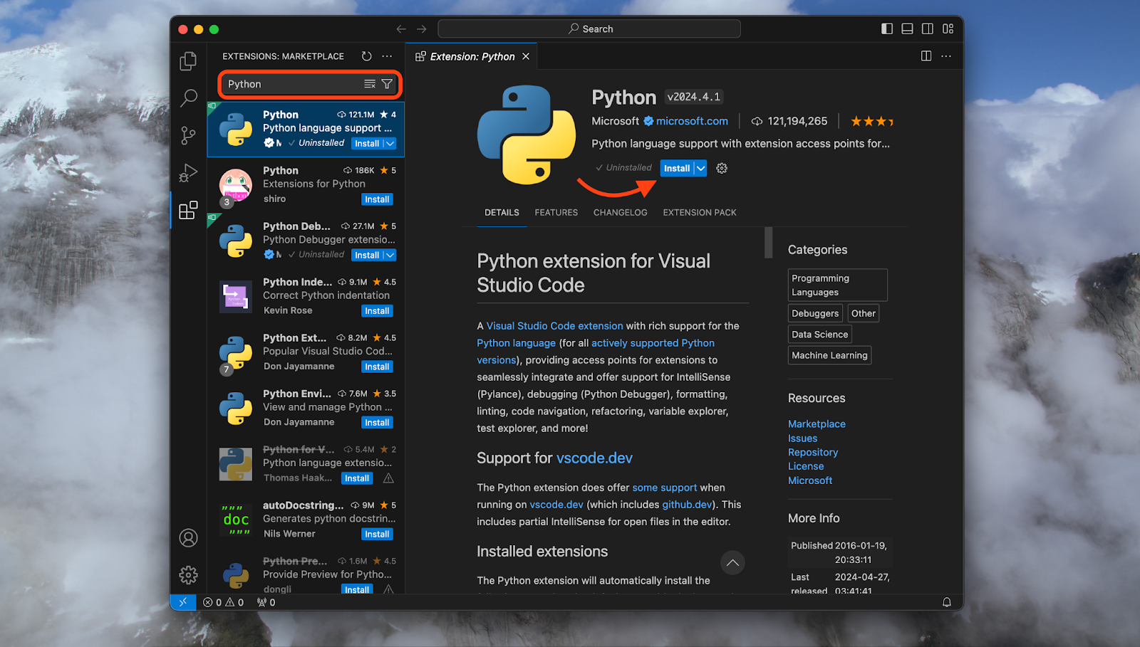 search and install the python extension