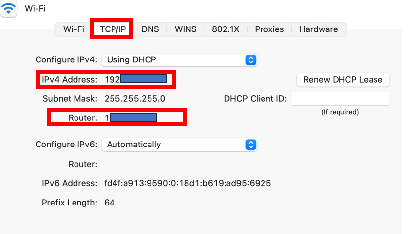 Screenshot of TCP/IP Wi-Fi settings on mac for port forwarding