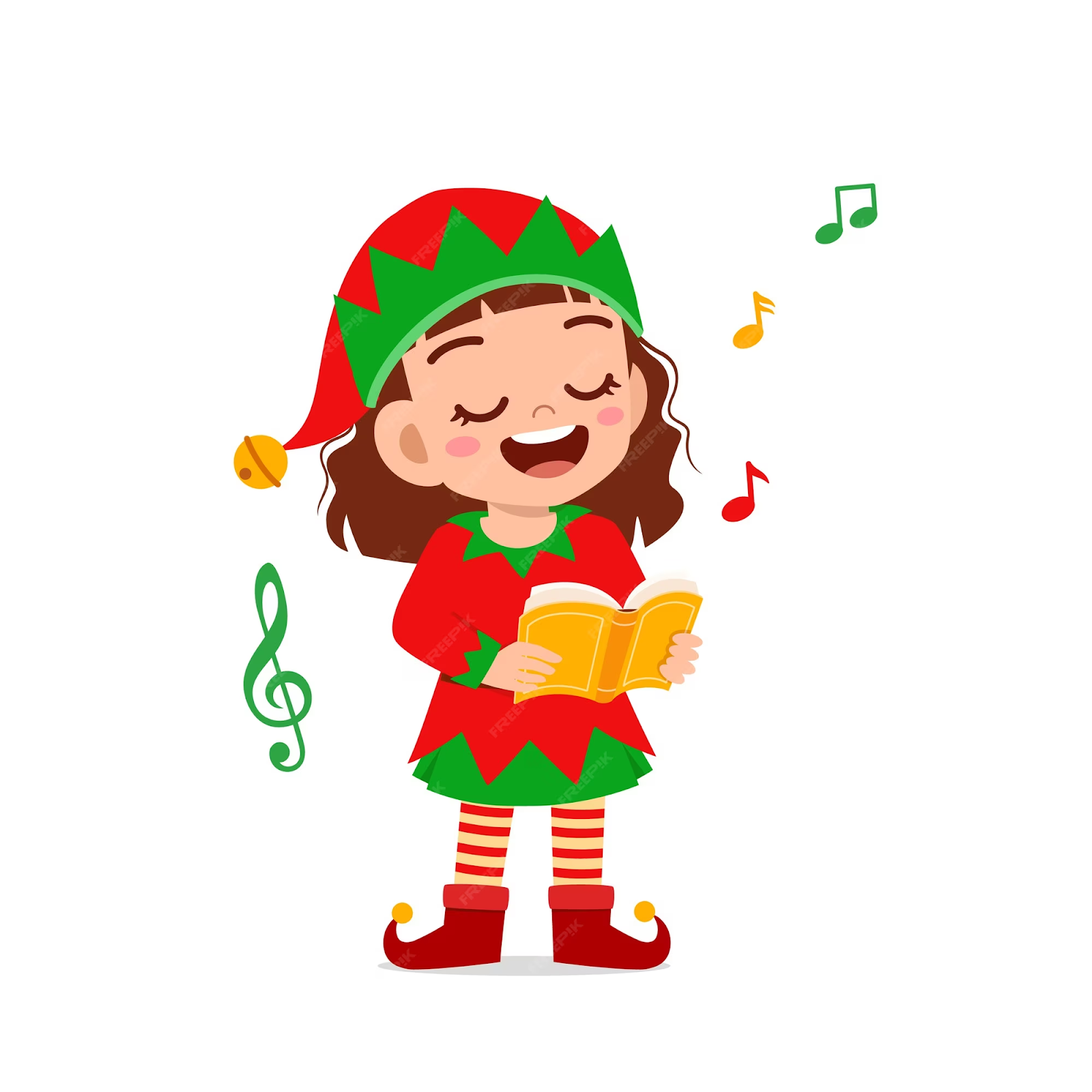 Graphic of A Girl in Red Dress Singing Christmas Songs With Songs Book in Her Hand