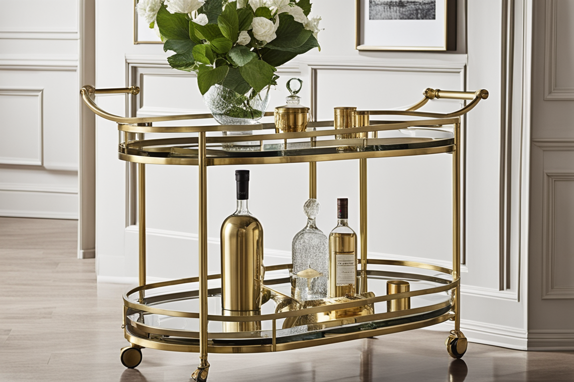 Elegant bar cart with brass finish and glass shelves