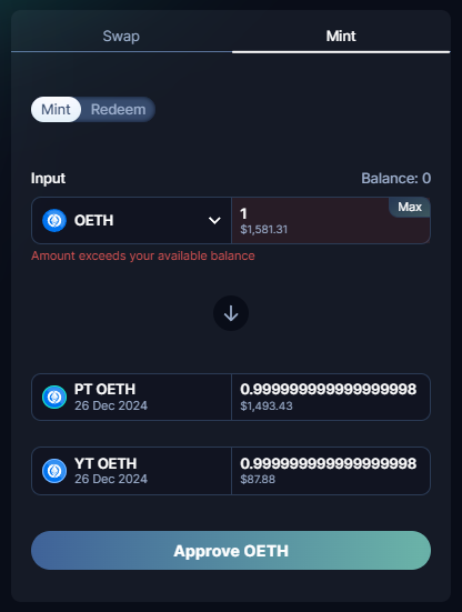Pendle's OETH market mint screen. Deposit 1 OETH to mint 1 YT OETH and 1 PT OETH