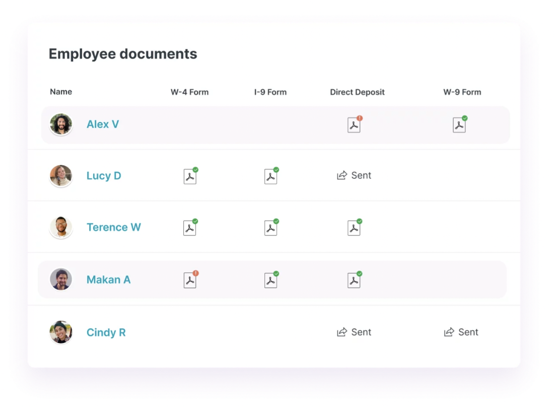 A screenshot of an interface within Homebase HR and compliance where admins can easily upload, organize, and keep track of employee documents.