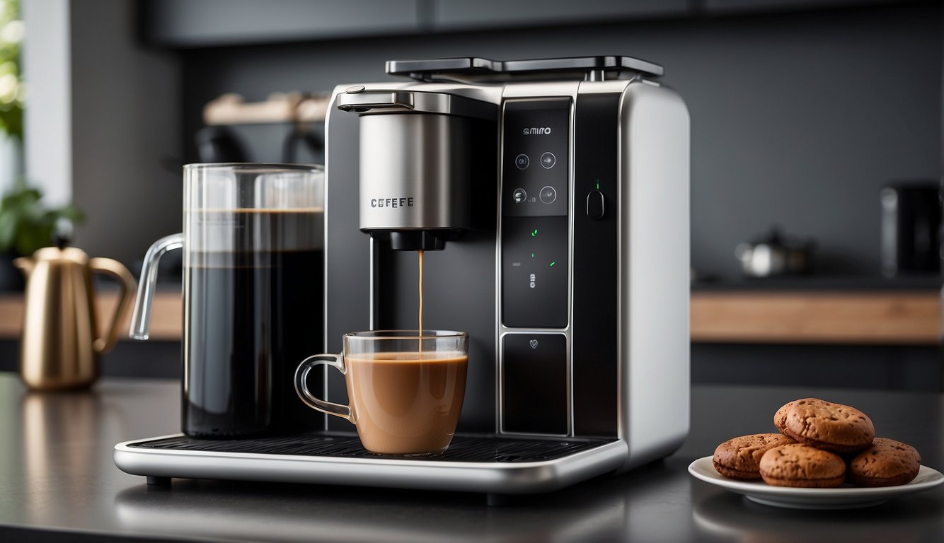 A Tres Corações Mimo coffee maker sits on a clean, modern kitchen counter. Its sleek design and user-friendly interface are highlighted, with a warm cup of coffee next to it