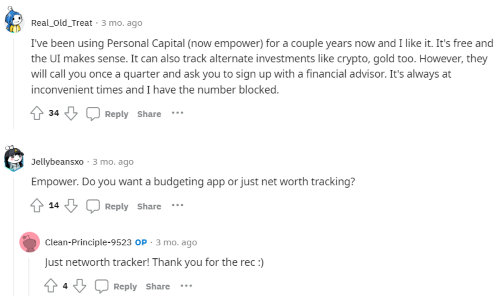 Two people on Reddit recommending Empower for tracking net worth. One says the company calls quarterly to get them to sign up with a financial advisor. 
