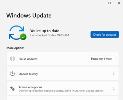Windows Update window with Check for updates button